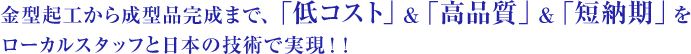 金型起工から成型品完成まで、「低コスト」&「高品質」&「短納期」をローカルスタッフと日本の技術で実現！！